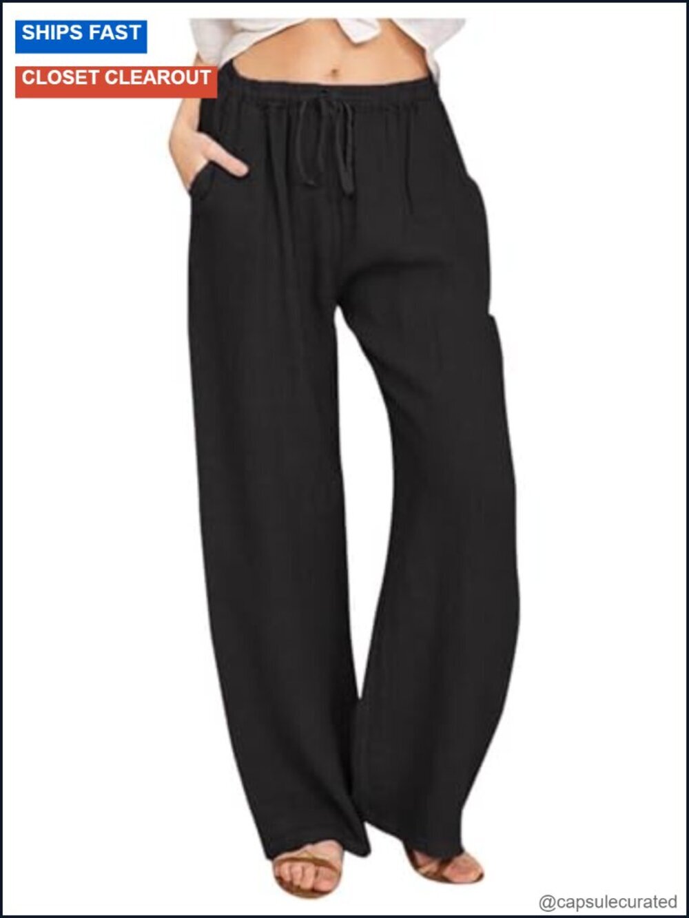 Linen Blend High Waist Wide Leg Pants Casual Drawstring Trousers
